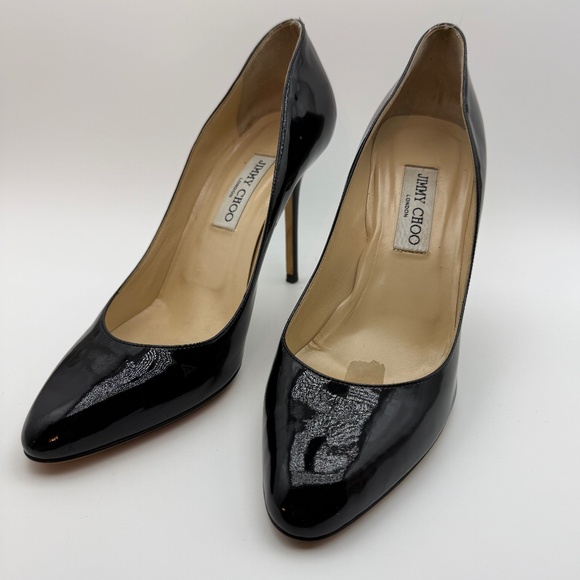 JIMMY CHOO ROUND TOE 100MM PUMPS BLACK PATENT SIZE 40.5 - Picture 1 of 7